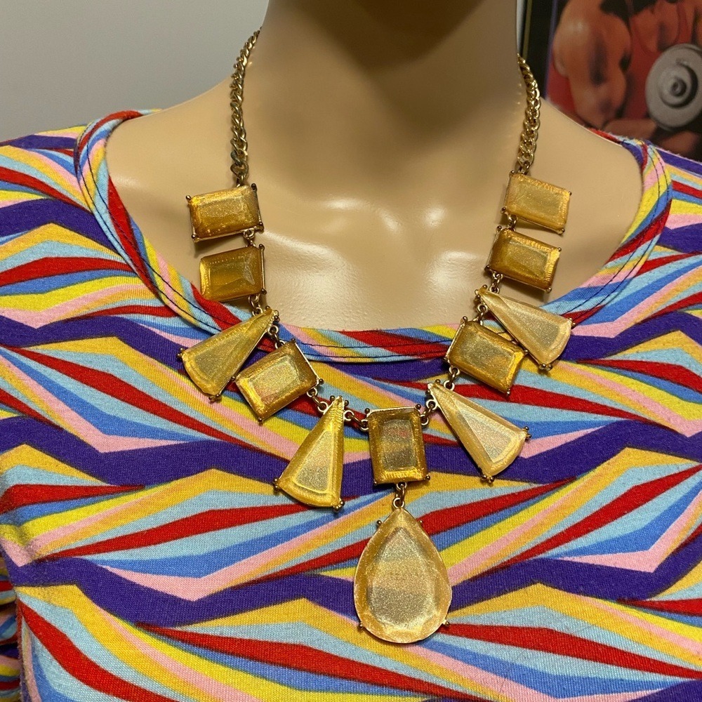 Statement Necklace Gold Tone Geometric Shapes Chain Fashion Jewelry